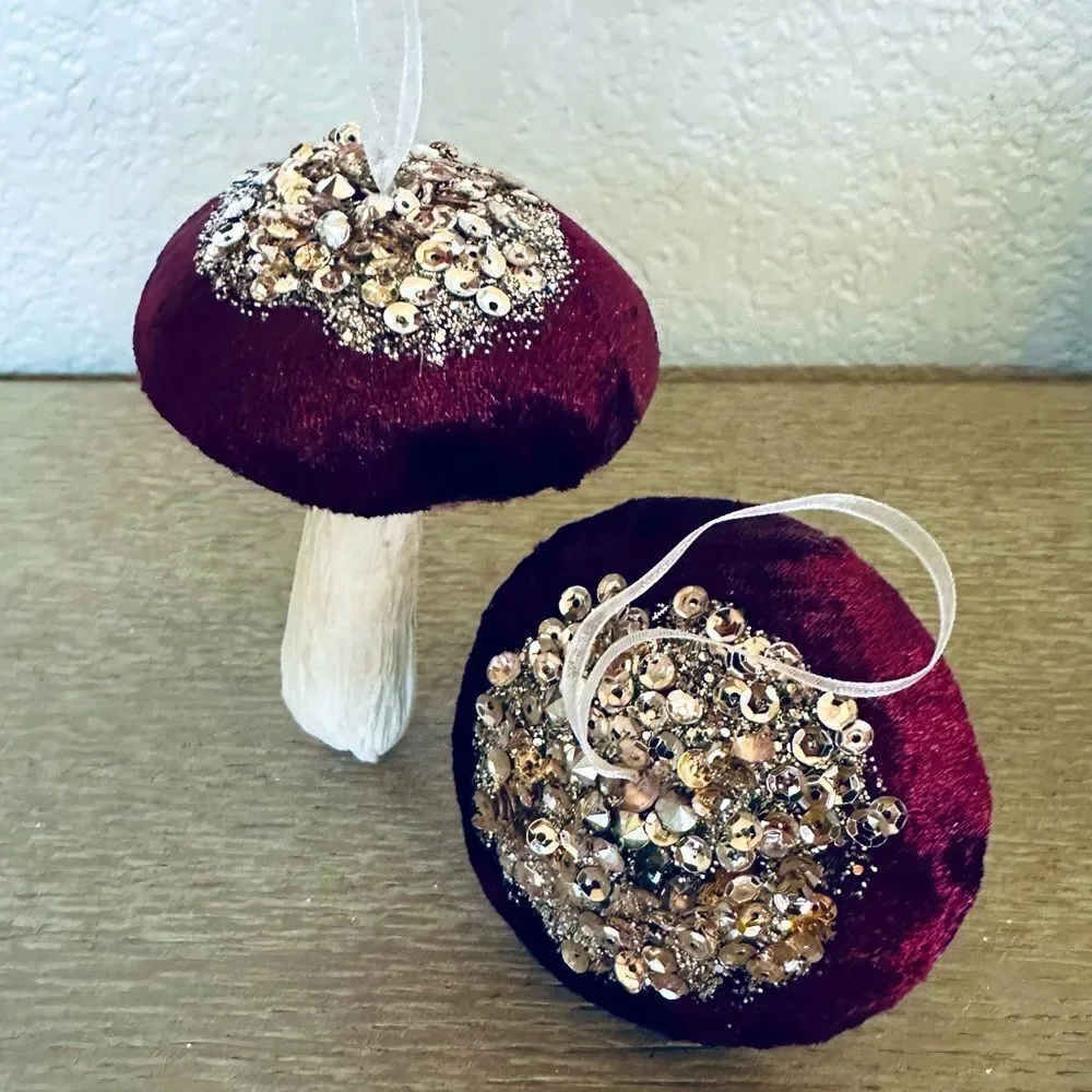 Maroon Red Velvet Gold Sequin Mushroom Holiday Christmas Ornaments Set